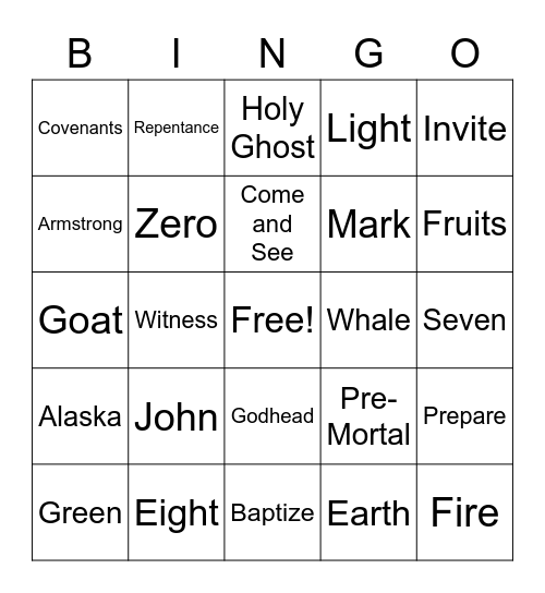 Sunday School Bingo Card