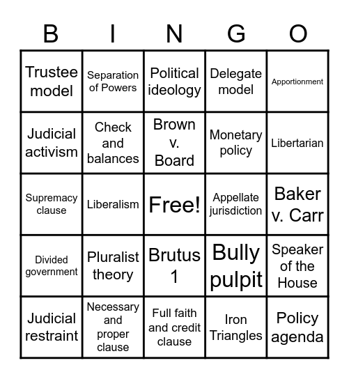 AP Government #1 Bingo Card