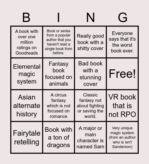 Reading prompts(mainly SFF?) Bingo Card