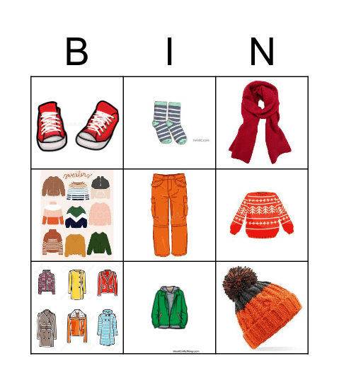 Winter Clothes Bingo Card