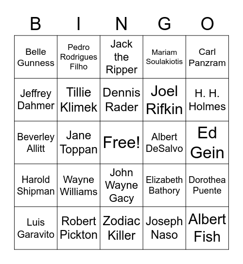 Serial Killer Bingo Card