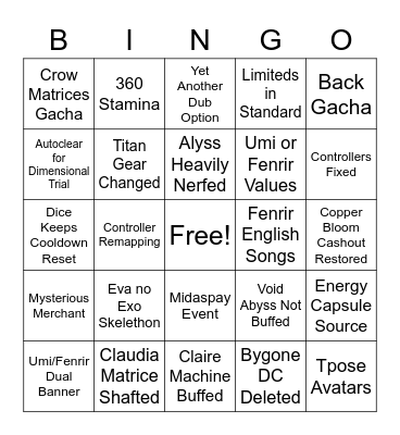 Leaks Bingo Card