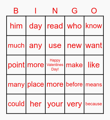 Valentines Day Bingo Card