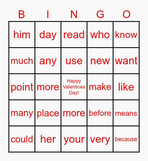 Valentines Day Bingo Card