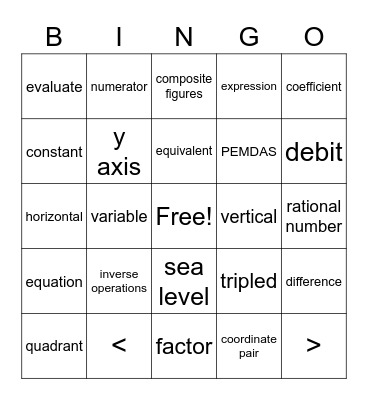 Math Vocabulary Bingo Card