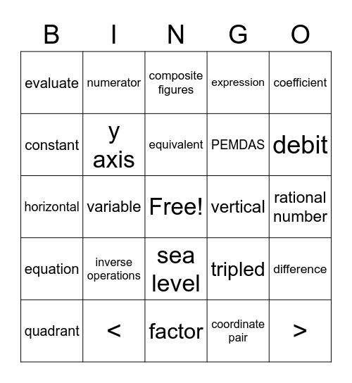 Math Vocabulary Bingo Card