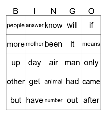 Sight Words Bingo Card