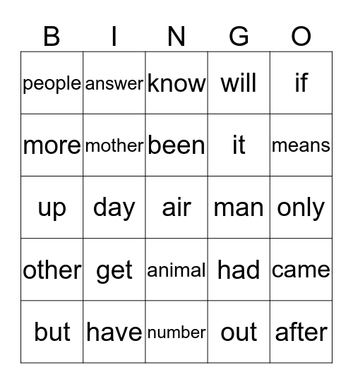 Sight Words Bingo Card
