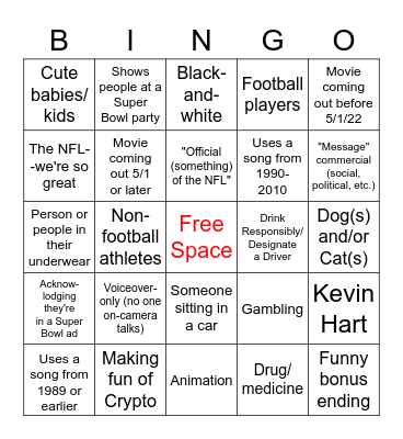 Super Bowl Commercial Bingo Card