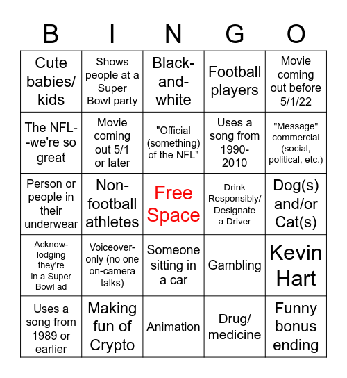 Super Bowl Commercial Bingo Card