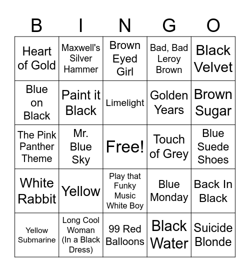 Colorful Songs Bingo Card