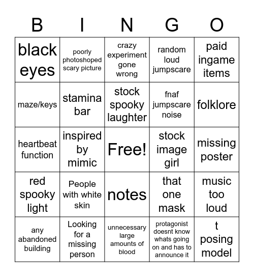 Every Roblox Horror Game Bingo Card