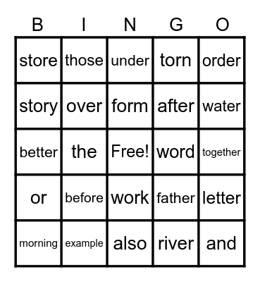 Sight Word Bingo Card