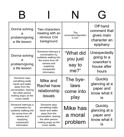 Suits Bingo Card