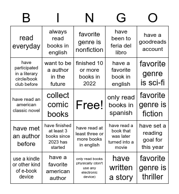 Literary Bingo Card