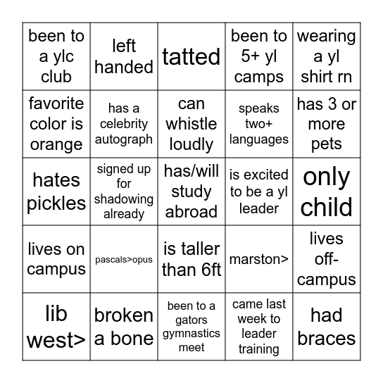 YOUNG LIFE LEADER TRAINING Bingo Card