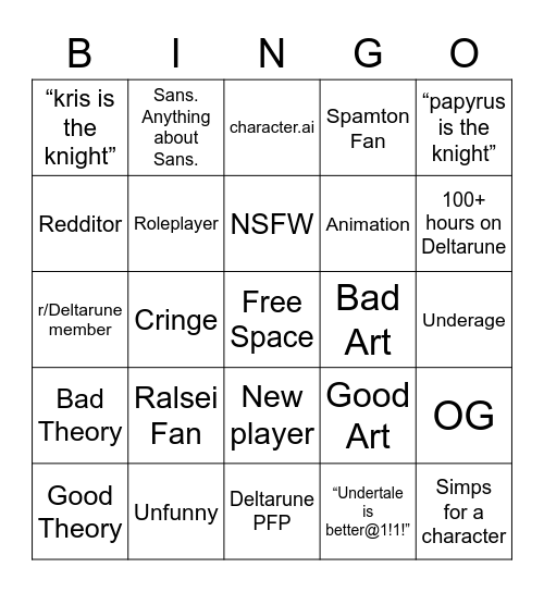 Deltarune Bingo Card