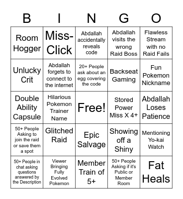 AbdallahSmash Greninja Raids Bingo Card