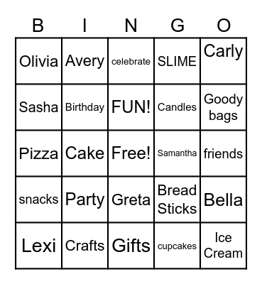 Bella's birthday party Bingo Card