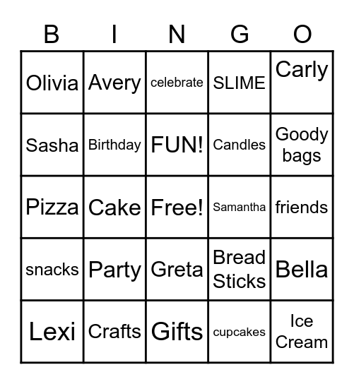 Bella's birthday party Bingo Card