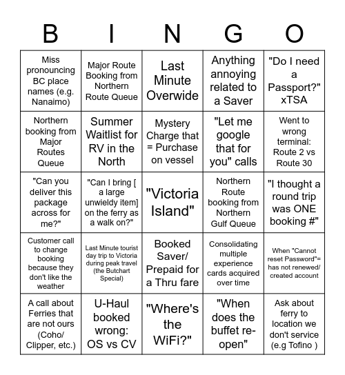 Summer Call Centre Bingo Card