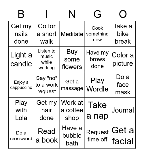 Self Care Bingo Card