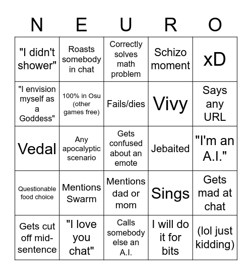 Neuro-sama Stream Bingo Card