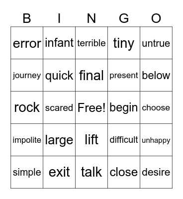 New Synonyms Bingo Card
