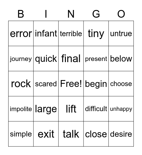 New Synonyms Bingo Card