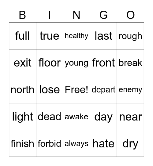 New Antonyms Bingo Card