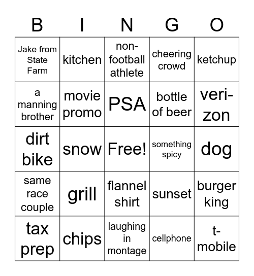 Playoffs Commercials Bingo Card