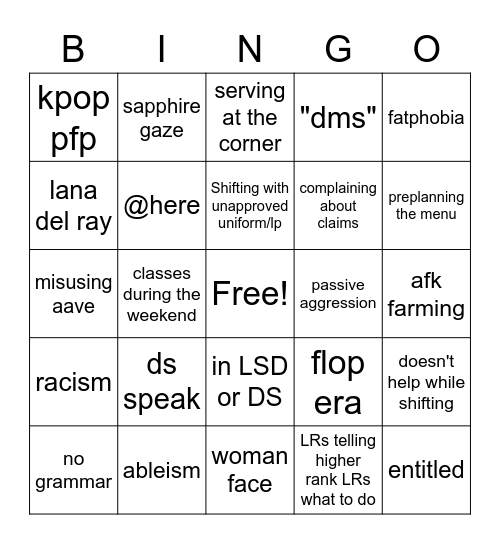RF Staff Bingo Card