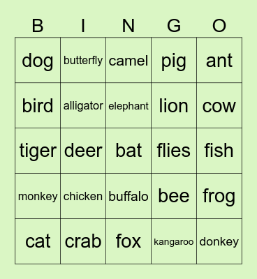 Animals Bingo Card