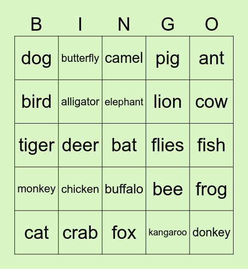 Animals Bingo Card