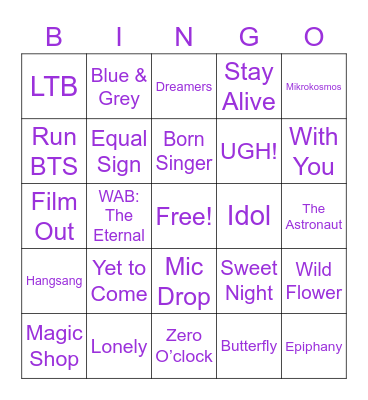 BTS Songs Bingo Card