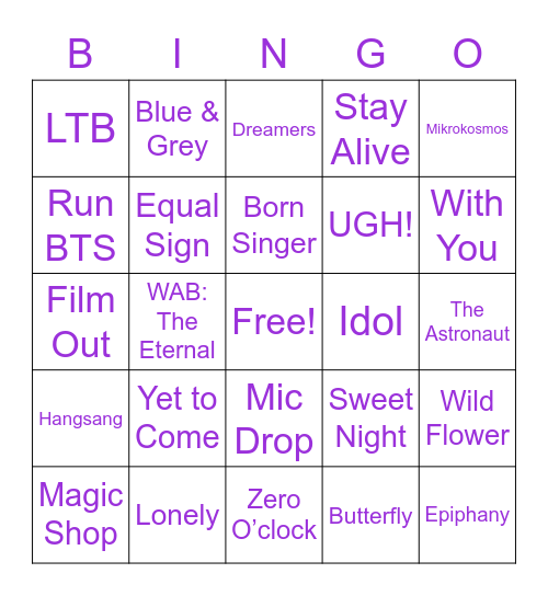 BTS Songs Bingo Card