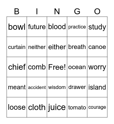 2R Tricky Words Bingo Card