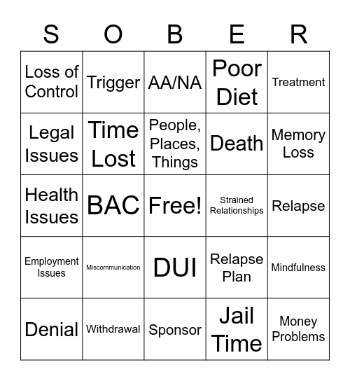 SUBSTANCE ABUSE Bingo Card