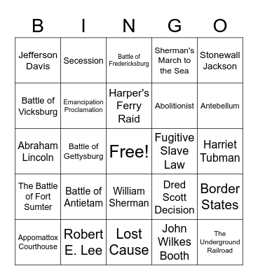 Civil War Bingo Card
