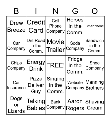 Super Bowl Commercial Bingo Card