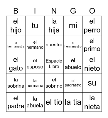 Vocabulario de la Familia Bingo Card