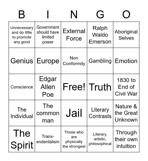 Romanticism Bingo Card