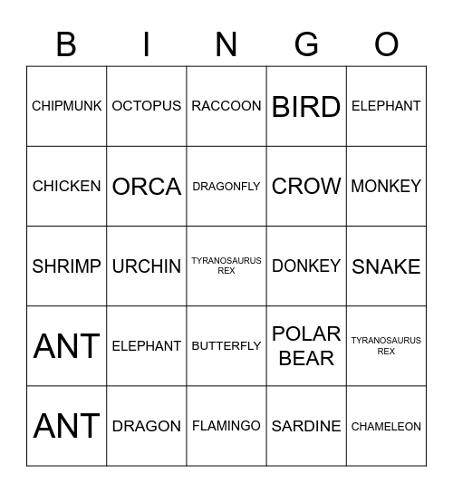 ANIMALS Bingo Card