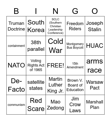 Cold War/Civil Rights Movement Bingo Card