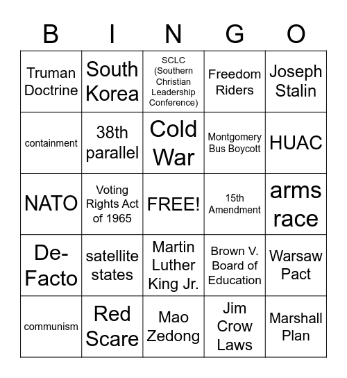 Cold War/Civil Rights Movement Bingo Card