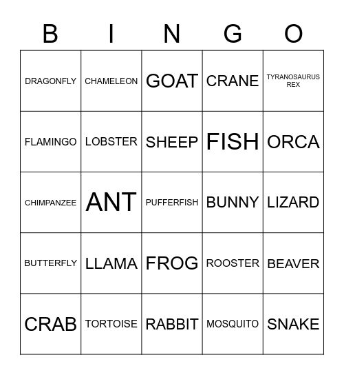 ANIMALS Bingo Card