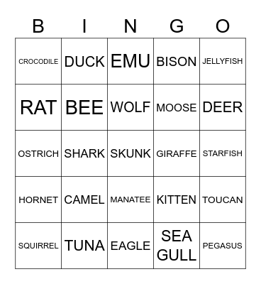 ANIMALS Bingo Card