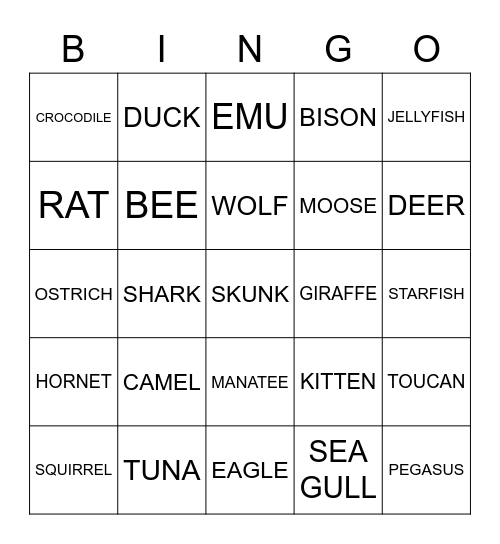 ANIMALS Bingo Card