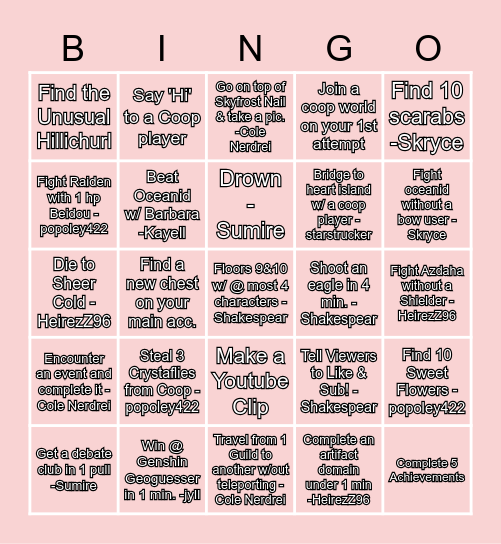 GENSHIN Bingo Card