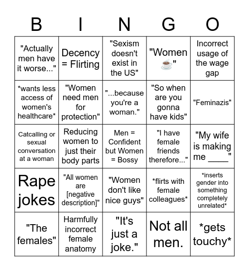 Misogyny Bingo Card